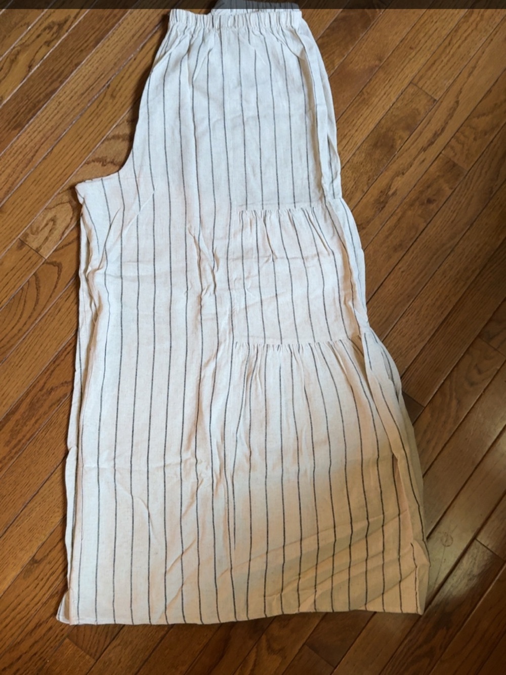 Wide Leg Tiered Linen-Blend Pants in Ivory with Navy Pinstripes